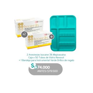 2 Anestesias Isocaine 3% Mepivacaína  Caja x 50 Tubos de Vidrio Novocol  + 1 Bandeja para Instrumental Verde Drillco de regalo - Novocol