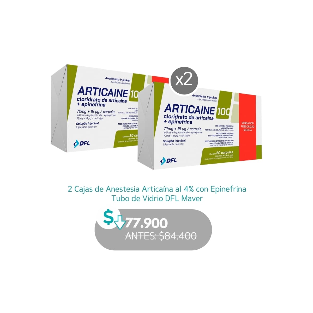 2 Cajas de Anestesia Articaína al 4% con Epinefrina Tubo de Vidrio DFL - Maver