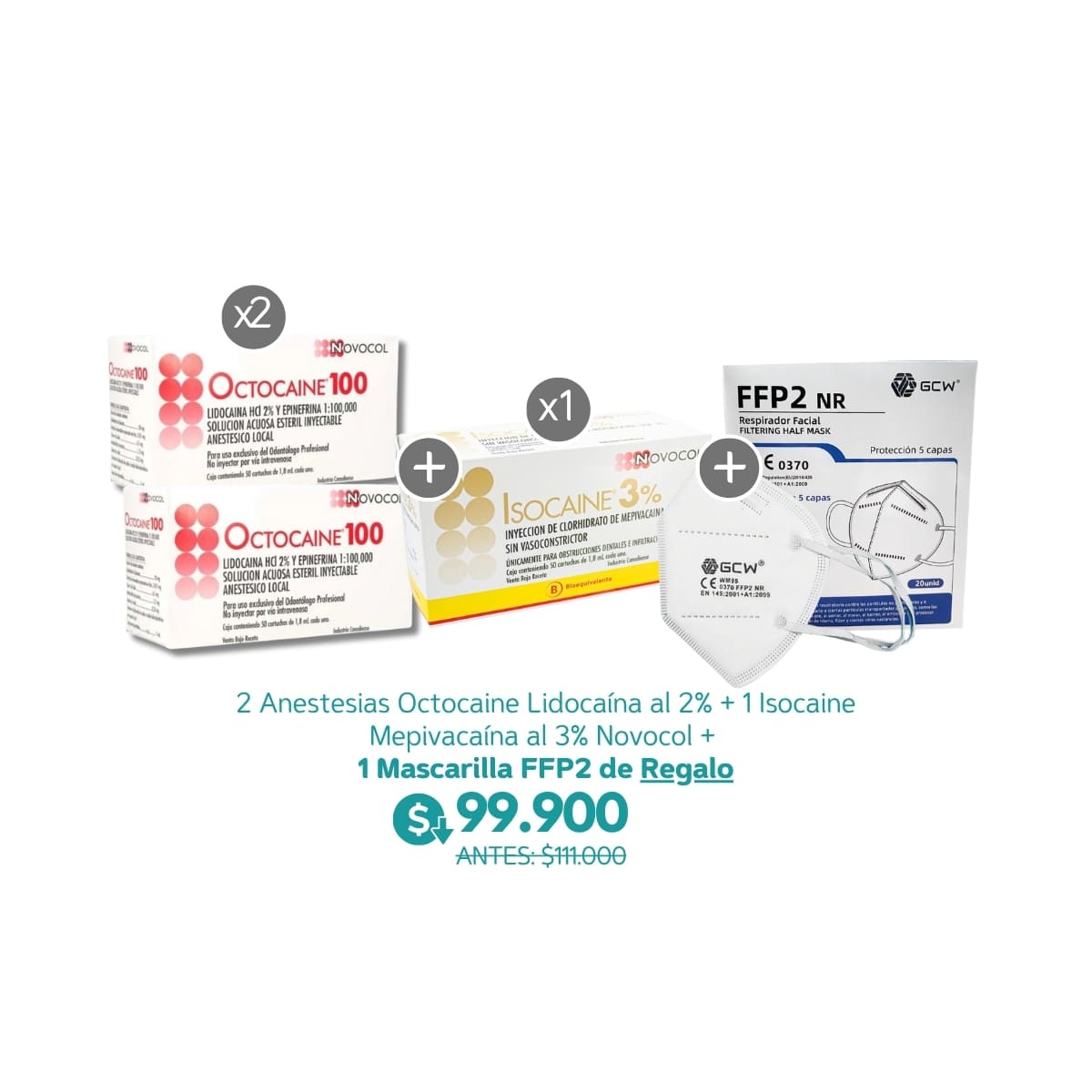 2 Anestesias Octocaine Lidocaína al 2% + 1 Isocaine Mepivacaína al 3% Novocol + 1 Mascarilla FFP2 de Regalo - Novocol